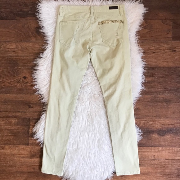 BlankNYC Light Green Distressed Studded Snake Print Trim Mid Rise Skinny Jeans - Picture 4 of 8